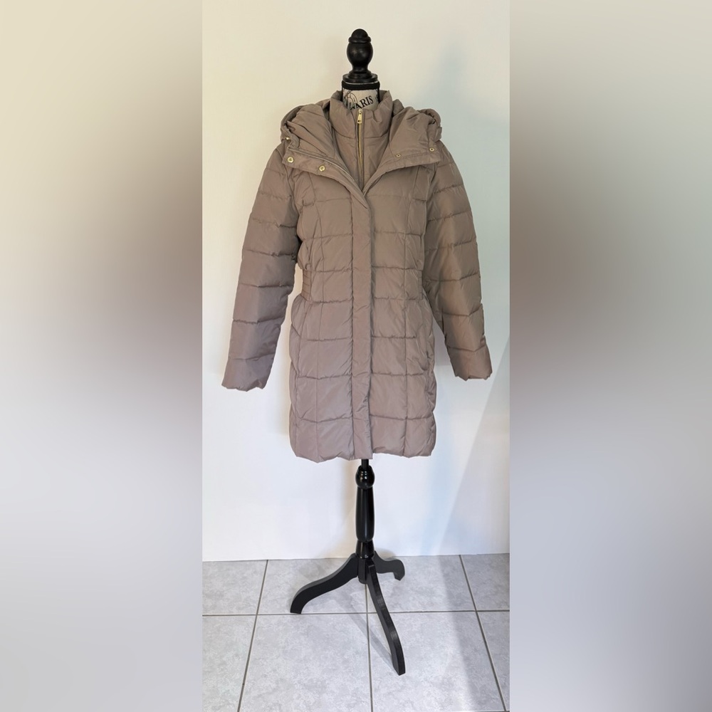 Cole Haan Women’s Taffeta Down Coat Hooded Puffer Jacket Taupe Size XL